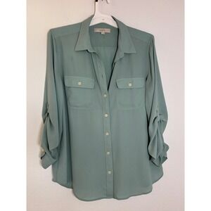 LOFT Ann Taylor Sage Green Roll Tab Sleeve Utility Blouse Large Button Down Top